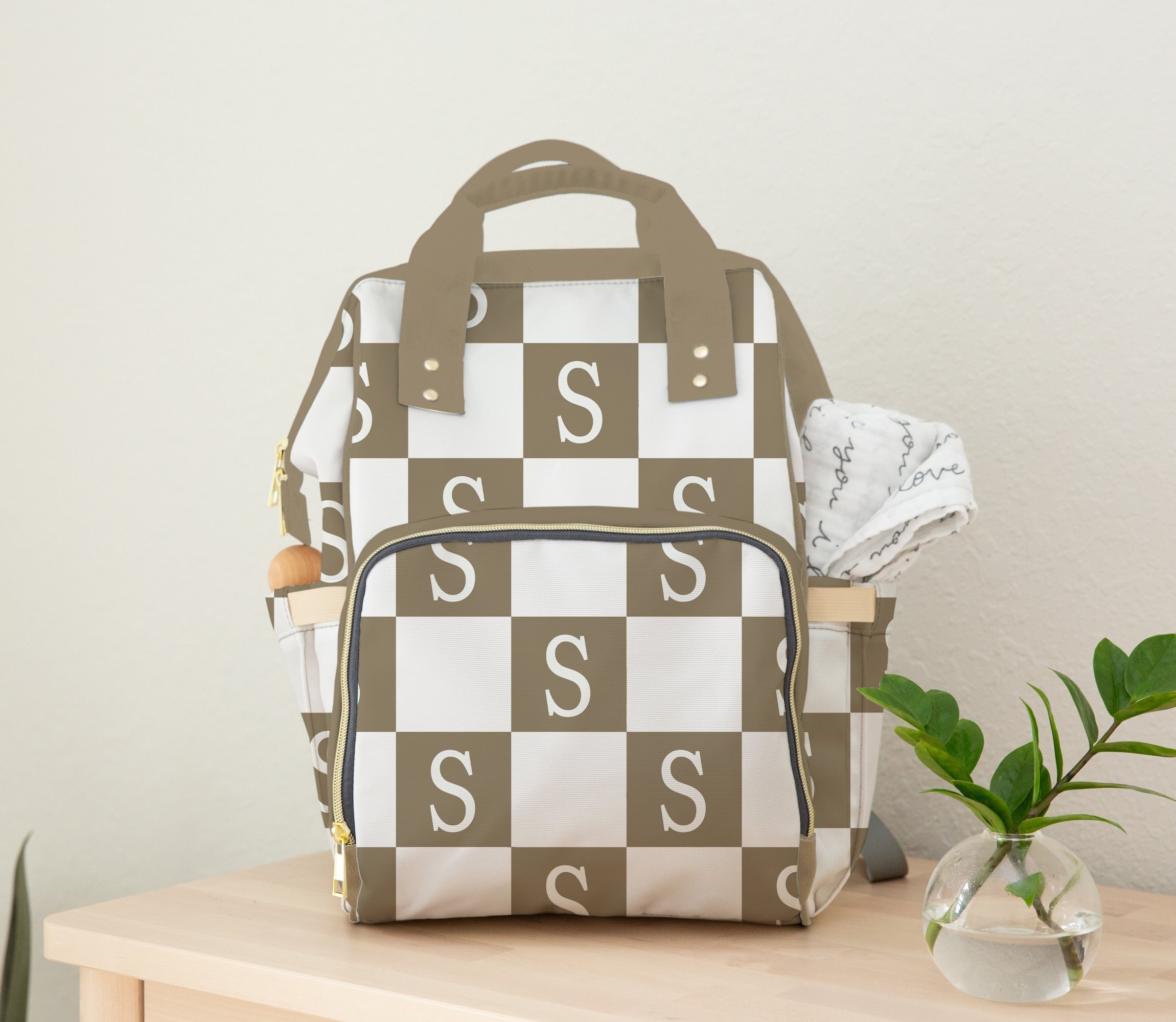Personalized Checkered Diaper Bag Backpack - Custom Initial Baby