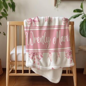 Personalized Pink Bow Baby Blanket, Baby Girl Name Blanket, Minky or Sherpa Blanket, Coquette Baby Gift, Custom Nursery Decor
