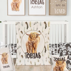 Highland Cow Nursery Crib Bedding Set, Personalized Brown and Cream Baby Boy Bedding, Baby Shower Gift