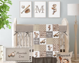 Teddy Bear Sports Crib Bedding Set, Baseball Nursery Decor, Vintage Teddy Bear, Personalized Baby Shower Gift