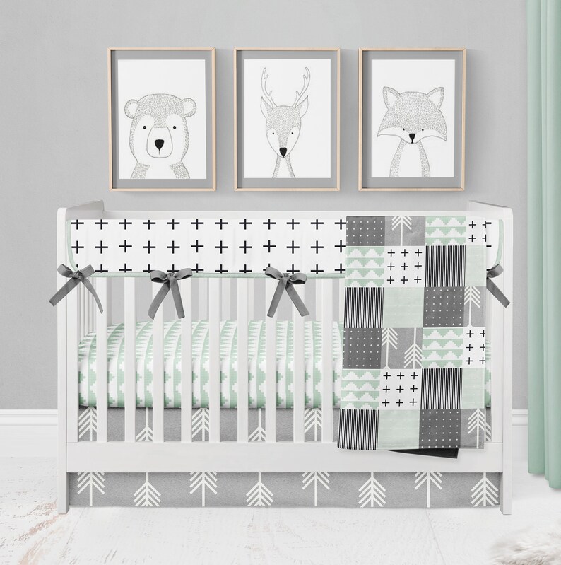 Neutral Baby Bedding Crib Set Mint And Gray Nursery Modern Geometric Custom Fitted Sheet Skirt Blanket Rail Guard Cover