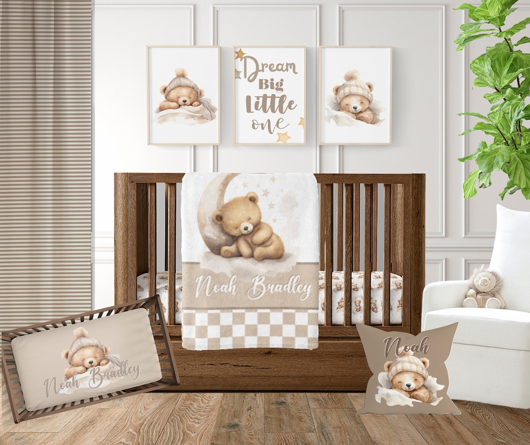 Teddy Bear Nursery Bedding Crib Set, Teddy Bear Baby Name Blanket, Personalized Teddy Bear Baby