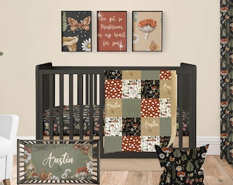 Mushroom Nursery Crib Bedding Set, Cottagecore Baby Girl Blanket