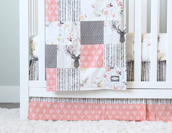 Woodland Crib Quilt Baby Girl Quilt Baby Girl Blanket Girl Crib Bedding Patchwork Quilt Wooodland Minky Purple Gray Deer Arrow Little One