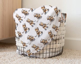 Teddy Bear Hockey Baby Blanket: Minky or Sherpa Nursery Decor