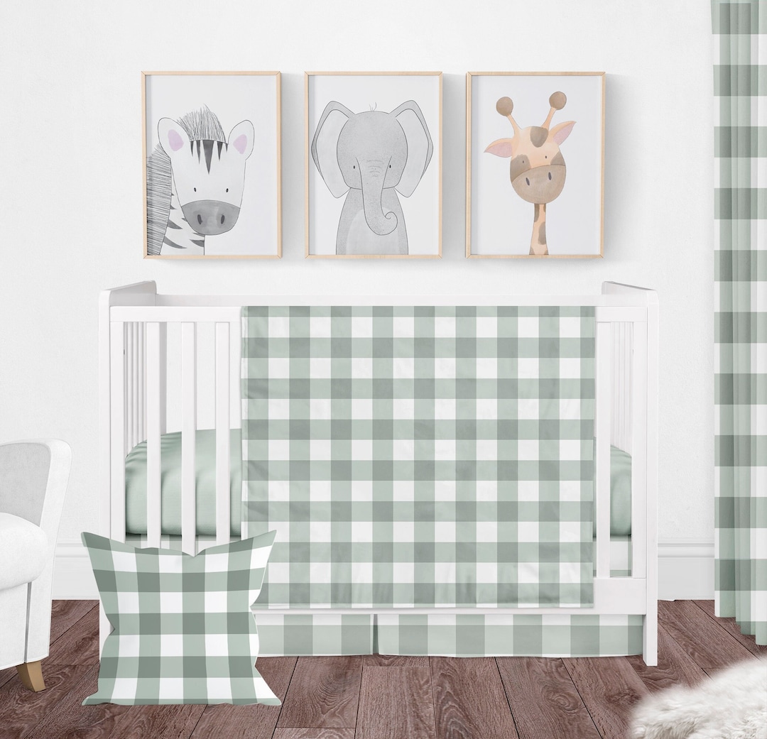 Baby Bedding, Sage Green Crib Bedding, Plaid Nursery Decor, Baby Girl Boy Gender Neutral Crib