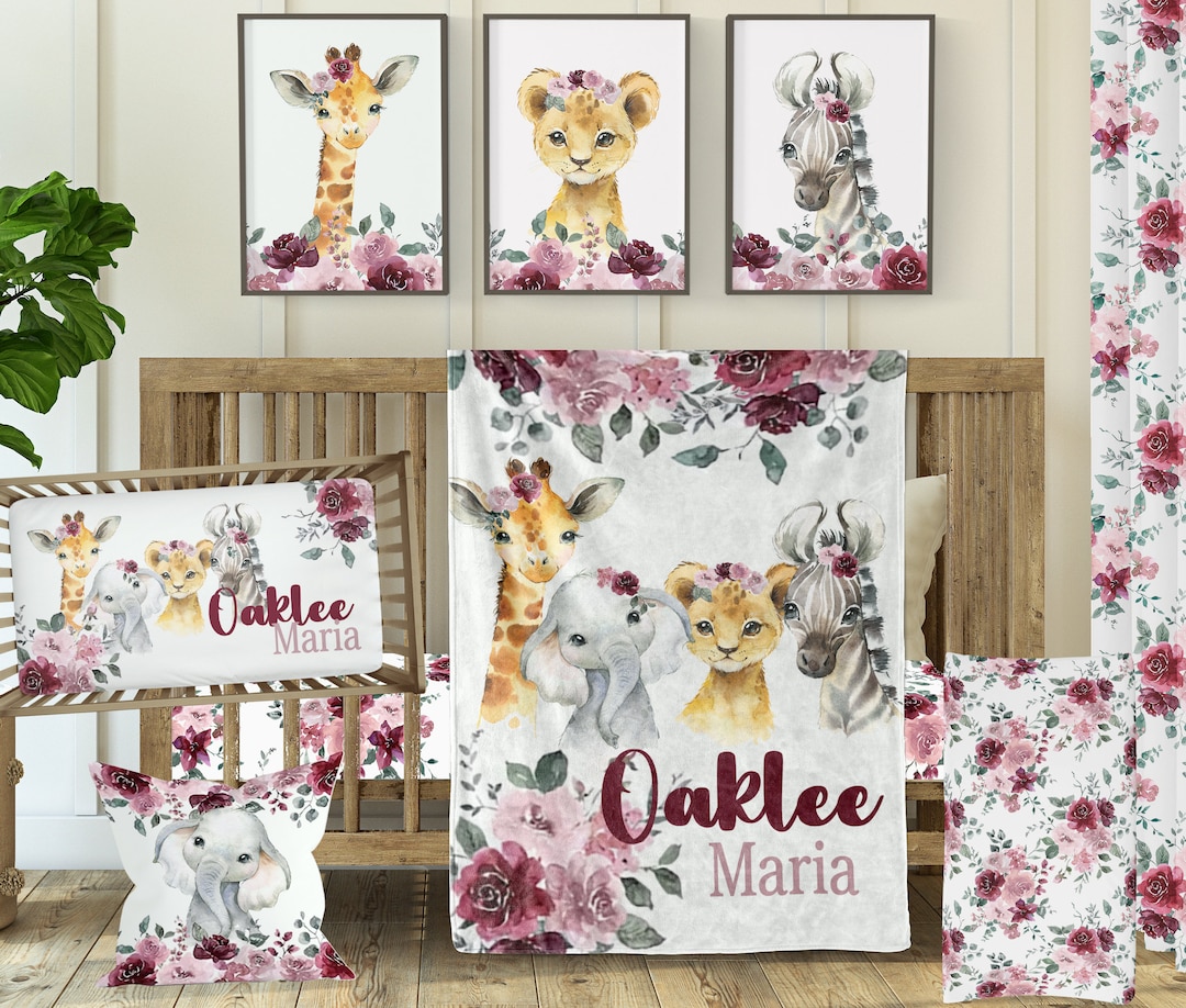 Safari Crib Bedding Set, Baby Girl Personalized Baby Bedding, Pink