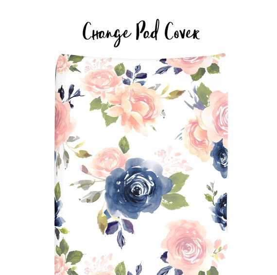 Floral Change Pad Cover In Blush And Navy Blue Baby Girl Crib Etsy