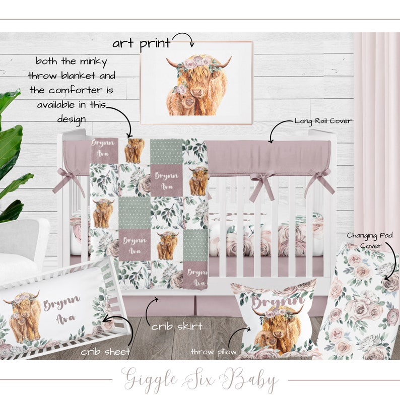 Highland Cow Nursery Girl Crib Bedding Personalized Baby Etsy