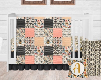 Bee Crib Bedding, Bumble Bees Nursery, Baby Girl Crib Set, Boho Baby Bedding Set Bee Theme, Yellow Black, Baby Girl Gift