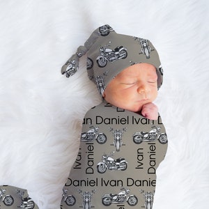 Swaddle Blanket Beanie Knotted Hat and Bow, Motorcycle Personalized Baby Boy Themed Motorbike Swaddle Blanket and Knotted Hat