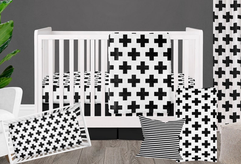 Black and White Crib Bedding, Gender Neutral Baby Nursery, Monochrome Modern Geometric Baby Bedding image 1