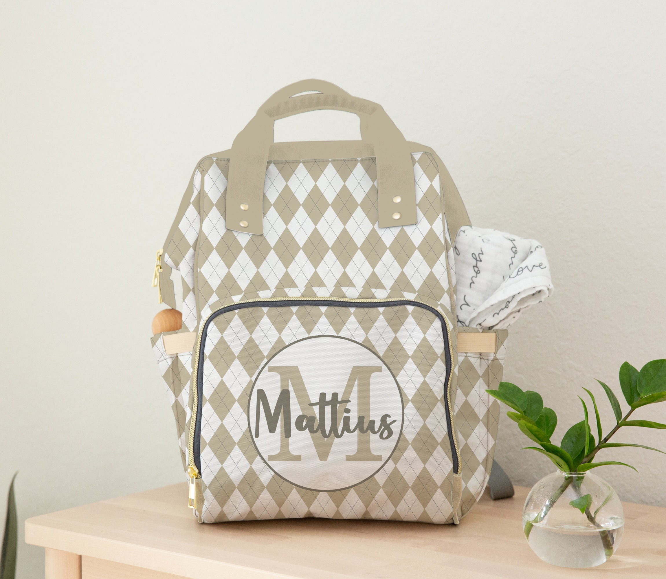 バッグ House on the Hill Parent Bag Argyle Diaper Bag Backpack, Personalized Argyle Tan Baby Bag Diaper
