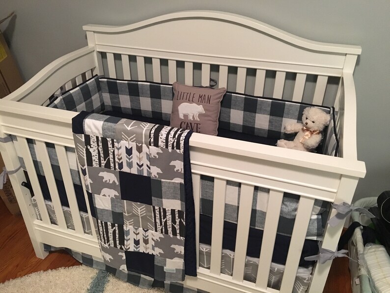 Woodlands Bear Crib Bedding Set Boy Metal Blue Plaid
