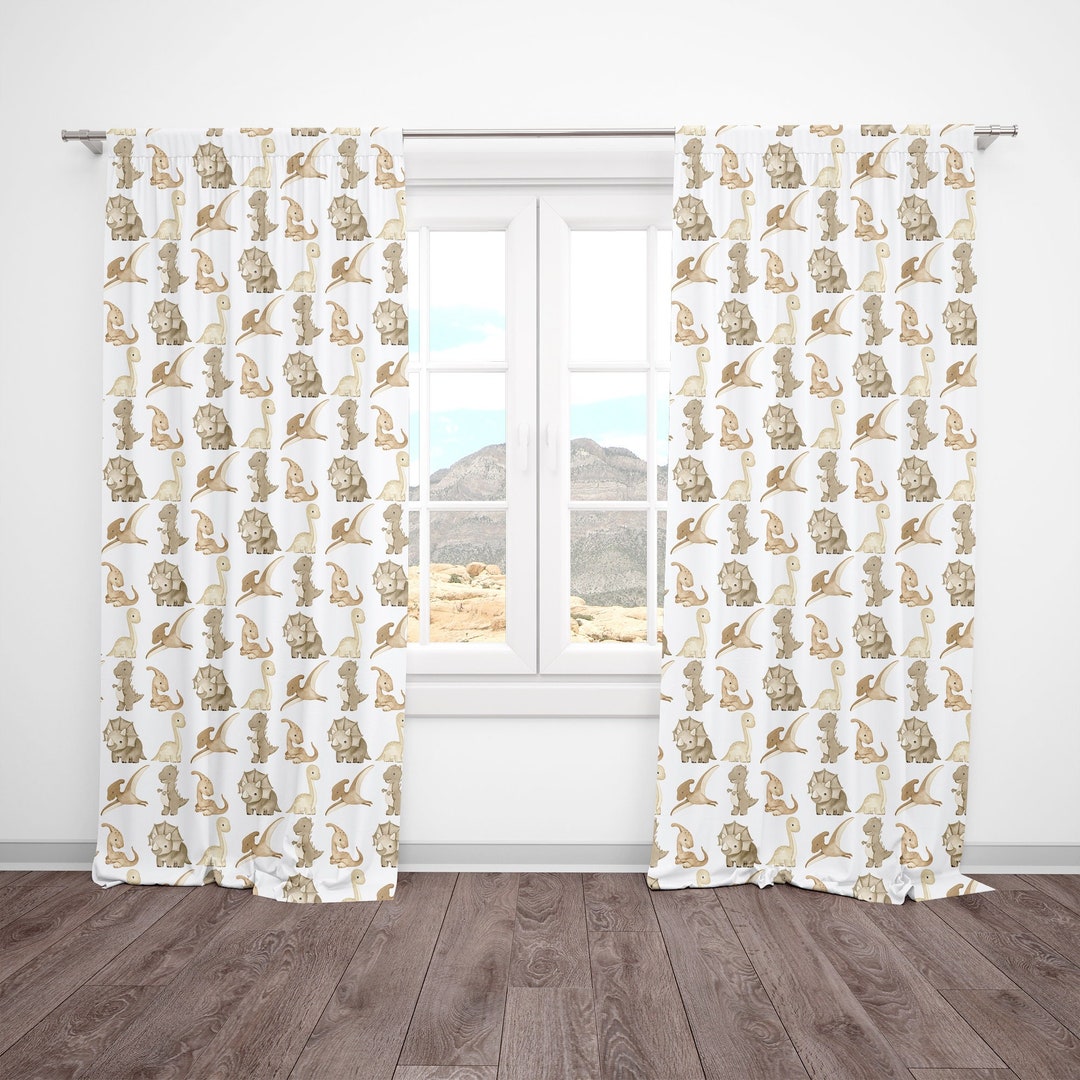 Dinosaur Curtains, Dinosaur Themed Nursery Bedroom Tan and White