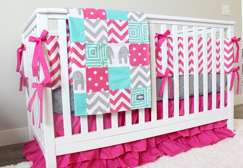 Pink Girl Crib Bedding Set Hot Pink Teal Elephant Baby Etsy