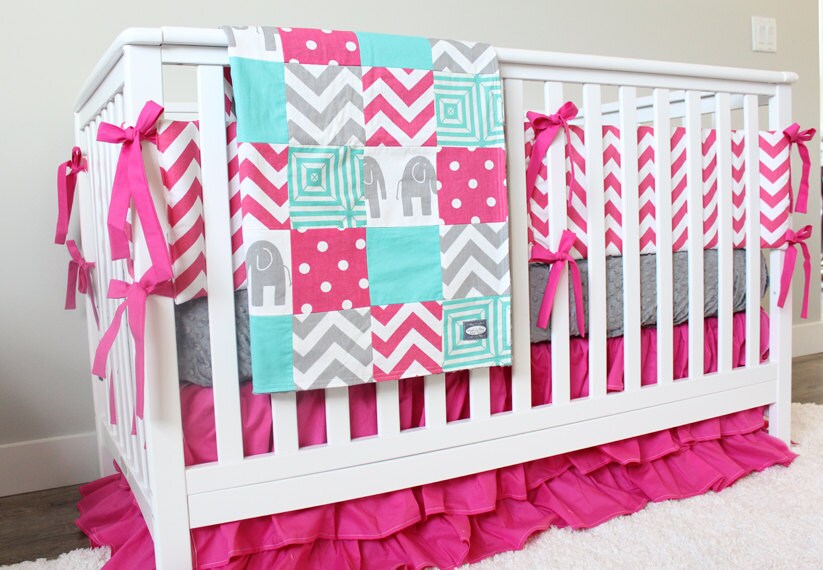 pink grey elephant baby bedding