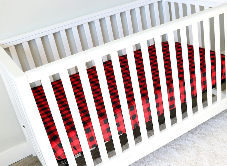 Buffalo Plaid Crib Sheet in Red and Black Lumberjack Bedding Woodland Baby Nursery