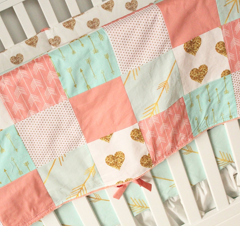 Baby Girl Bedding Gold Heart Nursery Crib Set Coral Mint Etsy