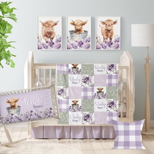Highland Cow Baby Bedding Set - Baby Girl Purple Floral Personalized Farm-Themed Nursery Decor