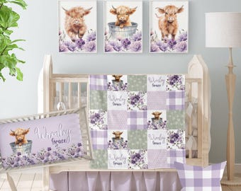 Highland Cow Baby Bedding Set Baby Girl Purple Floral