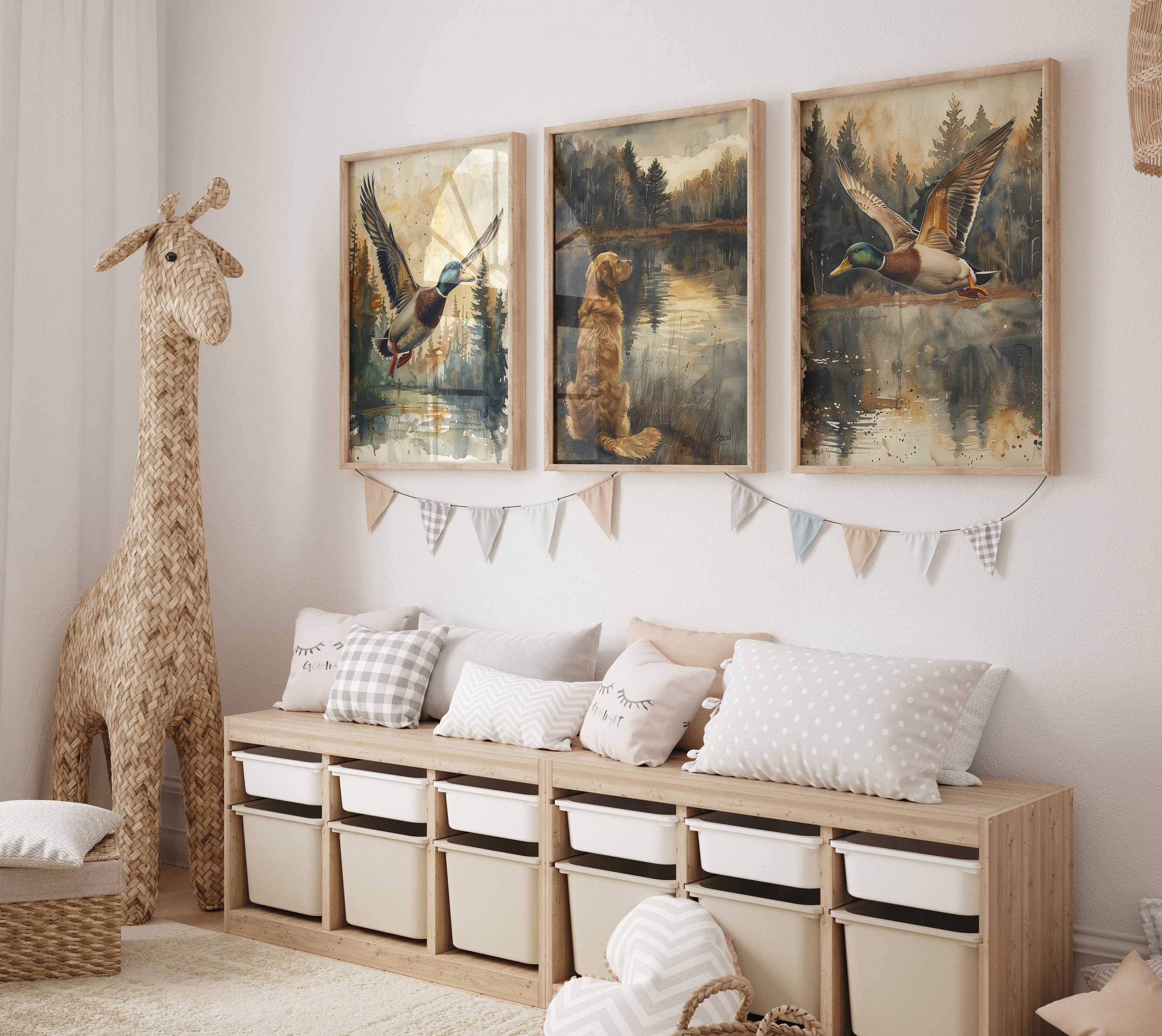 Duck & Golden Retriever Nursery Art Prints: Woodland Baby Room Decor