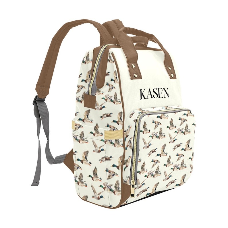 Duck Diaper Bag, Baby Personalized Mallard Duck Diaper Bag Boy, Duck Baby Shower Gift, Custom Baby Name Backpack image 3