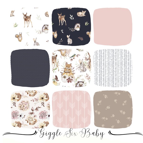 Woodland Crib Bedding Pattern Options, Baby Girl Forest Animals Nursery Bedding, Mix and Match Custom Baby Bedding, Pink and Navy Blue