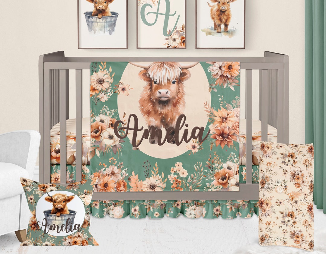 Highland Cow Crib Bedding, Cow Nursery Girl, Baby Girl Sage and Cream