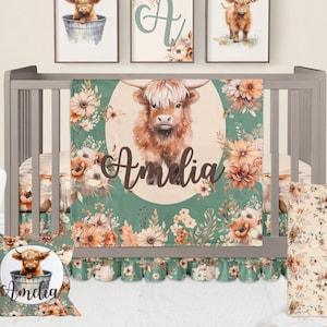 Highland Cow Crib Bedding, Cow Nursery Girl, Baby Girl Sage and Cream Floral Baby Bedding Set with Personalization, Baby Farm Theme Gift