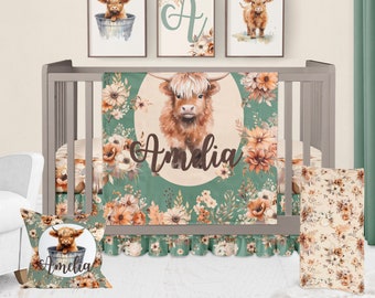 Highland Cow Crib Bedding Set – Personalized Baby Girl Nursery in