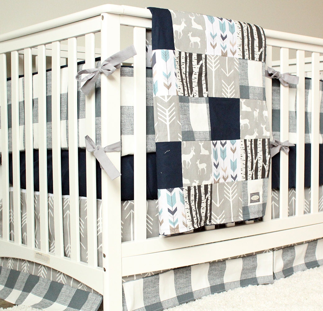Woodland Nursery Bedding Set Deer Crib Navy Blue Gray Arrow Plaid Baby Boy