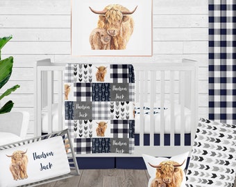 Highland Cow Nursery Boy, Crib Bedding Set Baby Boy Personalized, Navy Blue and Gray Baby Bedding