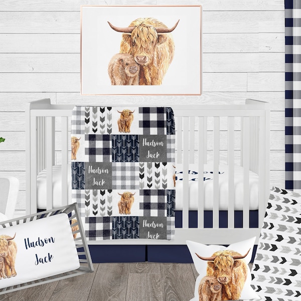Highland Cow Nursery Boy, Crib Bedding Set Baby Boy Personalized, Navy Blue and Gray Baby Bedding