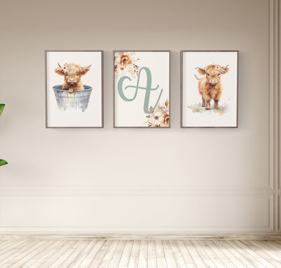 Highland Cow Nursery Art Prints: Floral Farmhouse Decor, Set of 3