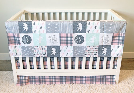 Girl Woodlands Crib Bedding Pink Plaid Skirt Grey Minky
