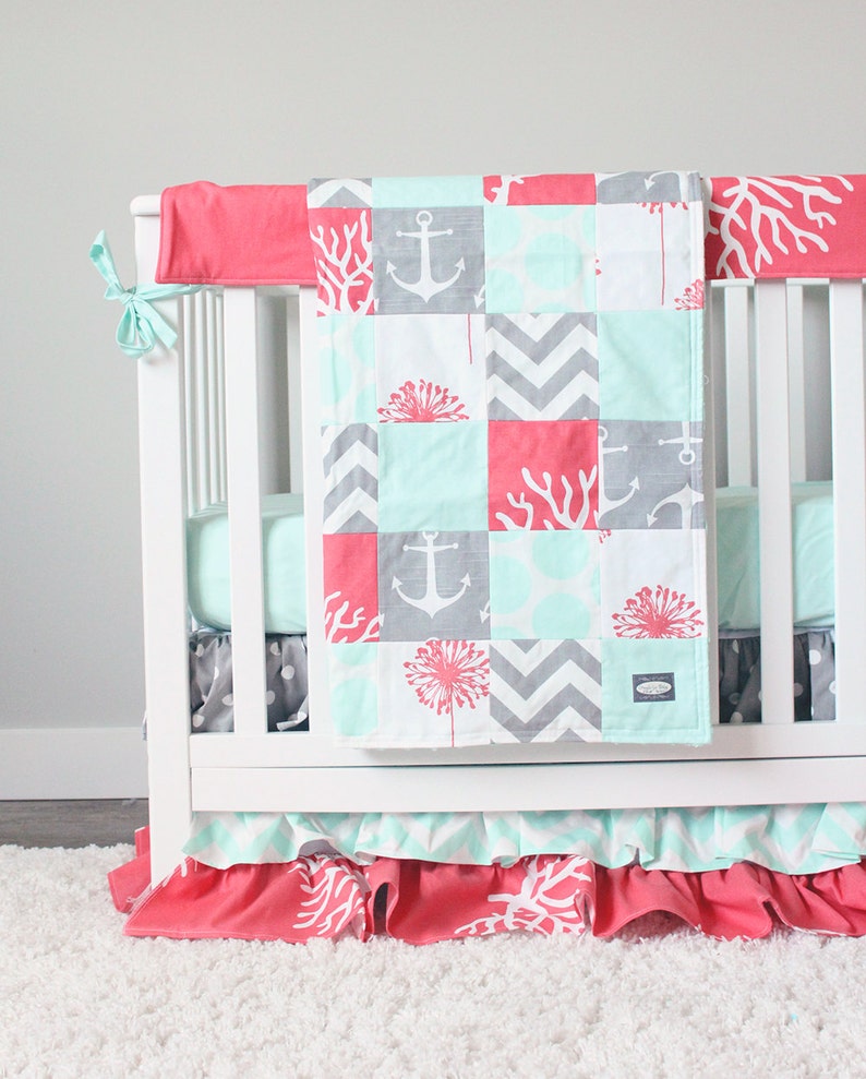 Ocean Baby Girl Crib Bedding Coral Mint Gray Baby Bedding Etsy