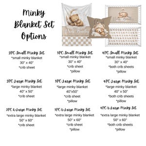 May include: Minky blanket set options in various sizes, including small (76cm x 102cm), large (102cm x 127cm), and extra-large (127cm x 152cm). Sets include blankets, crib sheets, and pillows, with a teddy bear design and the name "Noah Bradley".