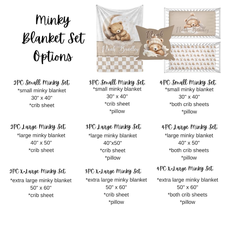 May include: Minky blanket set options in various sizes, including small (76cm x 102cm), large (102cm x 127cm), and extra-large (127cm x 152cm). Sets include blankets, crib sheets, and pillows, with a teddy bear design and the name "Noah Bradley".