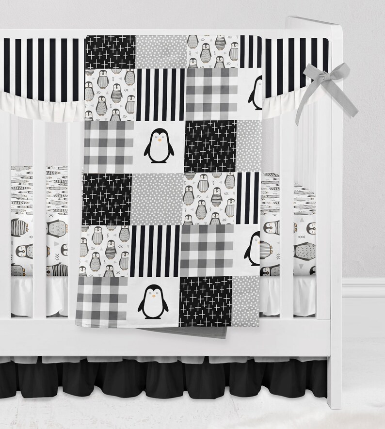 Penguin Crib Bedding Set Baby Girl Black and White Nursery Etsy