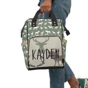 Baby Boy Diaper Bag, Woodland Deer Backpack Diaper Bag, Sage Green Personalized Baby Boy Gift image 2