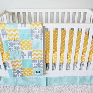 yellow and gray elephant baby bedding