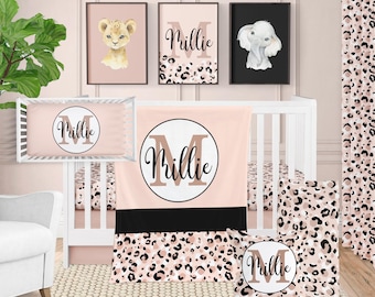 Leopard Crib Bedding Set: Pink Black Safari Nursery, Custom Name Blanket