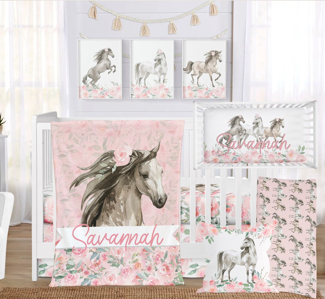 Horse Crib Bedding Set for Girl, Baby Girl Nursery Bedding Set