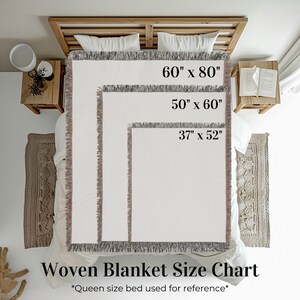 May include: A white woven blanket with fringed edges displayed in three sizes: 60" x 80", 50" x 60", and 37" x 52". The text "Woven Blanket Size Chart" and "*Queen size bed used for reference*" is printed at the bottom of the image.