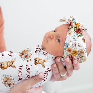 Personalized Baby Girl Swaddle Blanket: Bunny Floral Set