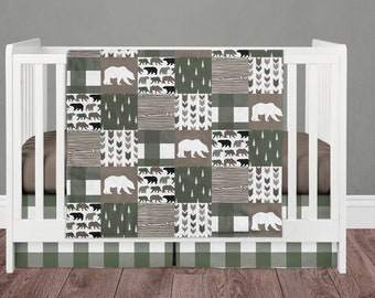 Bear Crib Bedding Set, Baby Boy Nursery Bedding, Green Crib Set, Woodland Nursery Themed, Personalized Baby Boy Bedding