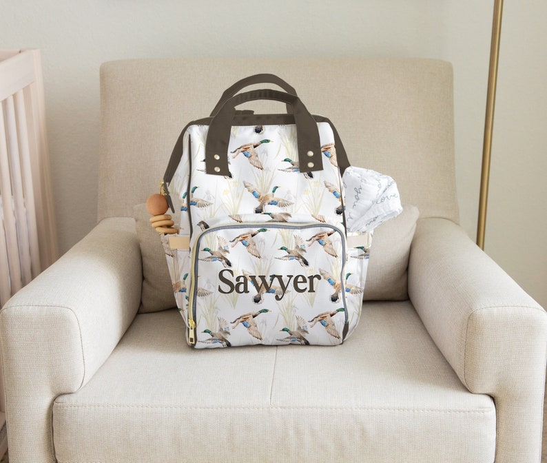 Personalized Mallard Duck Diaper Bag, Baby Hunting Diaper Bag, Duck Baby Shower Gift, Custom Baby Name Backpack image 1