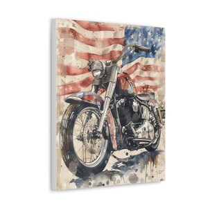 May include: A vintage-style motorcycle with a chrome finish and a red, white, and blue American flag in the background. The motorcycle has a large front wheel and a smaller rear wheel. The image is painted in a watercolor style with splashes of color.