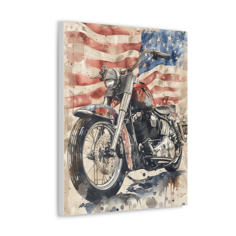 May include: A vintage-style motorcycle with a chrome finish and a red, white, and blue American flag in the background. The motorcycle has a large front wheel and a smaller rear wheel. The image is painted in a watercolor style with splashes of color.